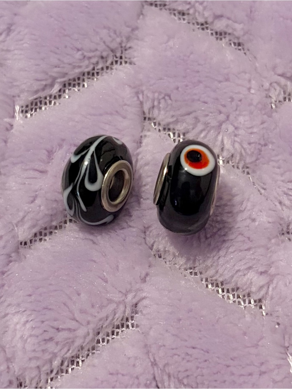 Black Glass Bead Bracelet Charms with White Swirl and Red Accent